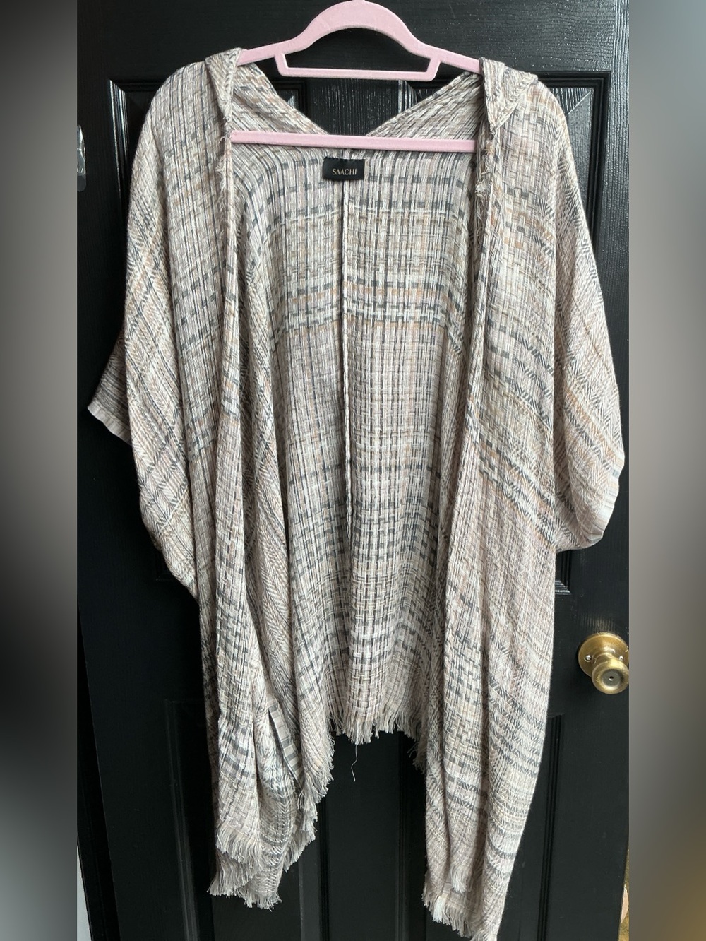 SAACHI Cream and Gray Plaid Open-Front Draped Kimono